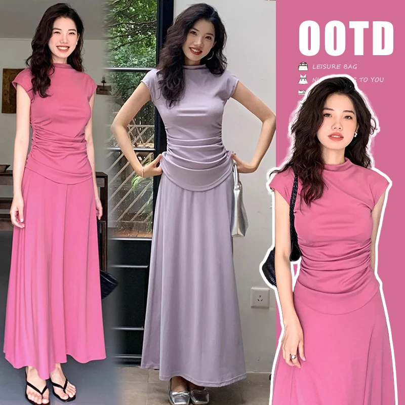 孕妇装2025夏季新款气质半高领纯色褶皱收腰上衣+半身裙孕期套装