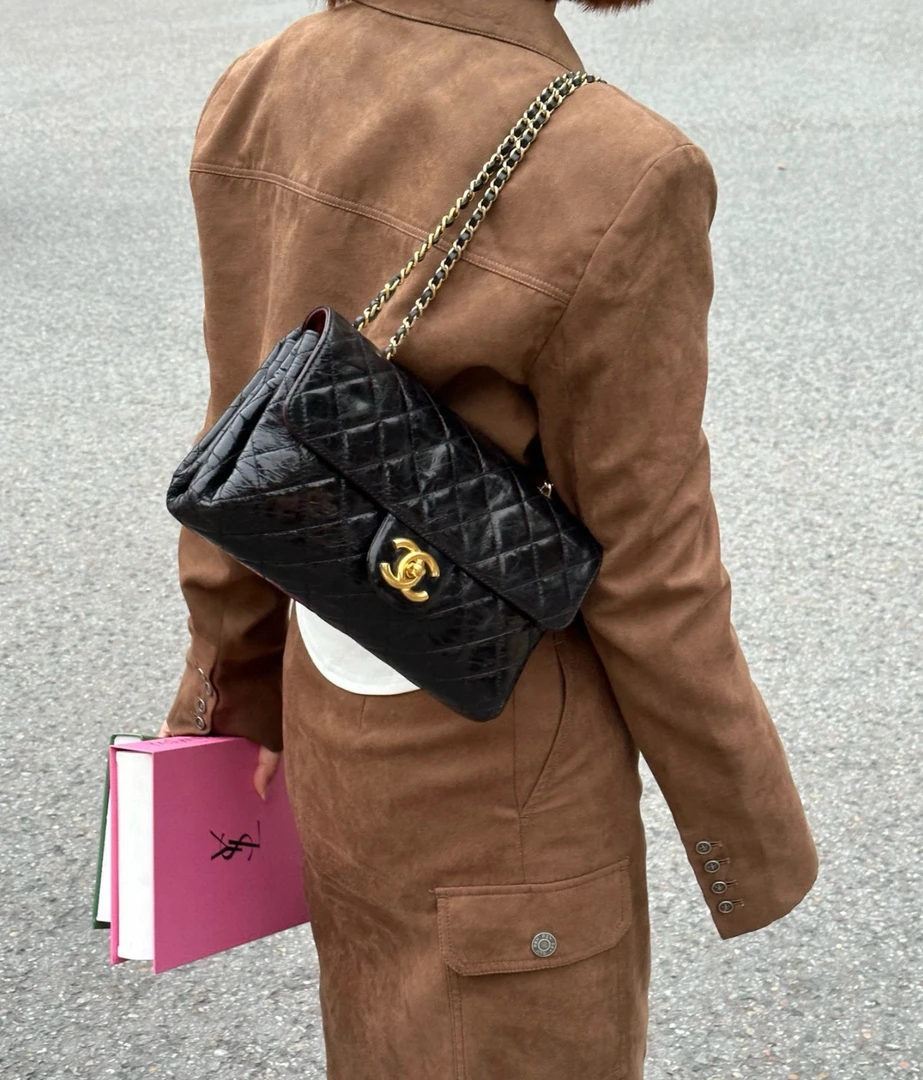 95新 Chanel/香奈儿 黑金cf油蜡牛皮腋下机场包 底长32 14开