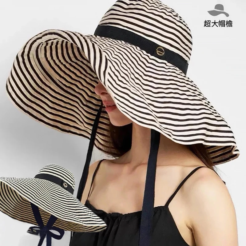 2025夏季新款防晒帽超大帽檐防紫外线太阳帽女高颜值条纹遮阳帽子