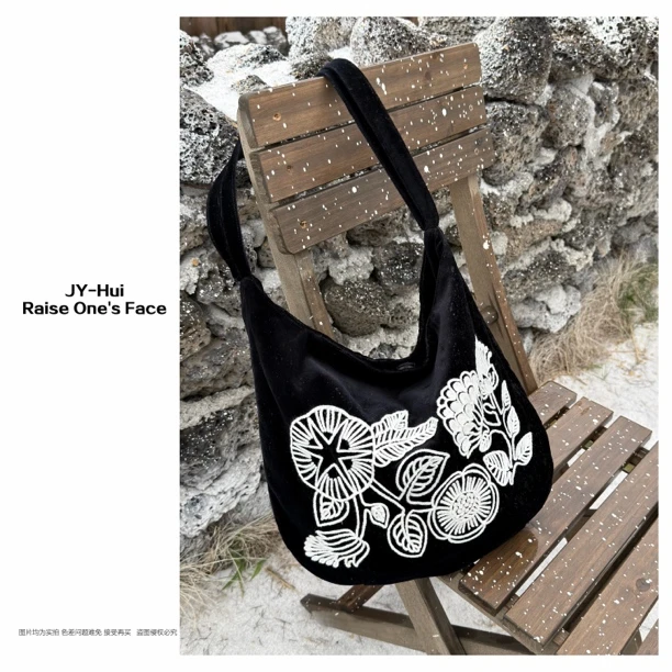 “墨染绣雪” - 重磅！刺绣定制小众款丝绒质感精致单肩包  KB-048