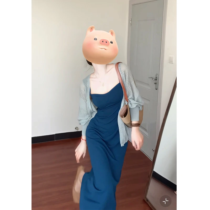 大码【半熟甜心】法式气质吊带连衣裙女夏复古显瘦长裙慵懒空调开衫