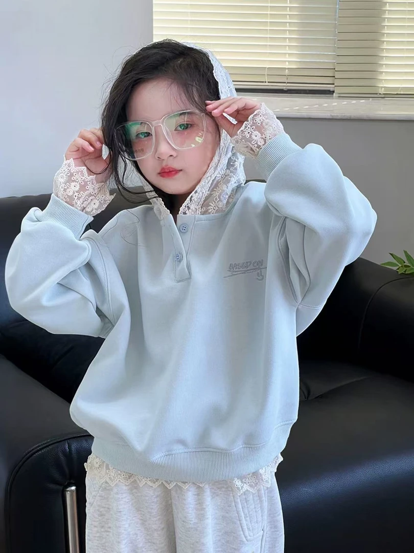 女童卫衣春季新款儿童韩版蕾丝拼接上衣中大童洋气连帽长袖潮