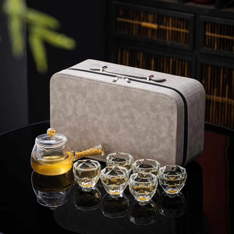 柏兮金箔水晶侧把壶旅行茶具套装便携式功夫泡茶壶户外旅行礼盒装