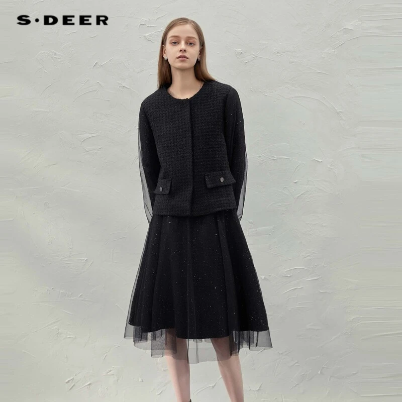 S·DEER圣迪奥女装小香风长袖毛呢外套网纱连衣裙套装S23461401