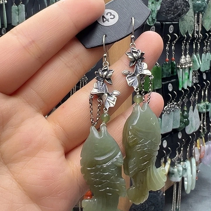 和田玉银S925镶嵌耳饰铜*