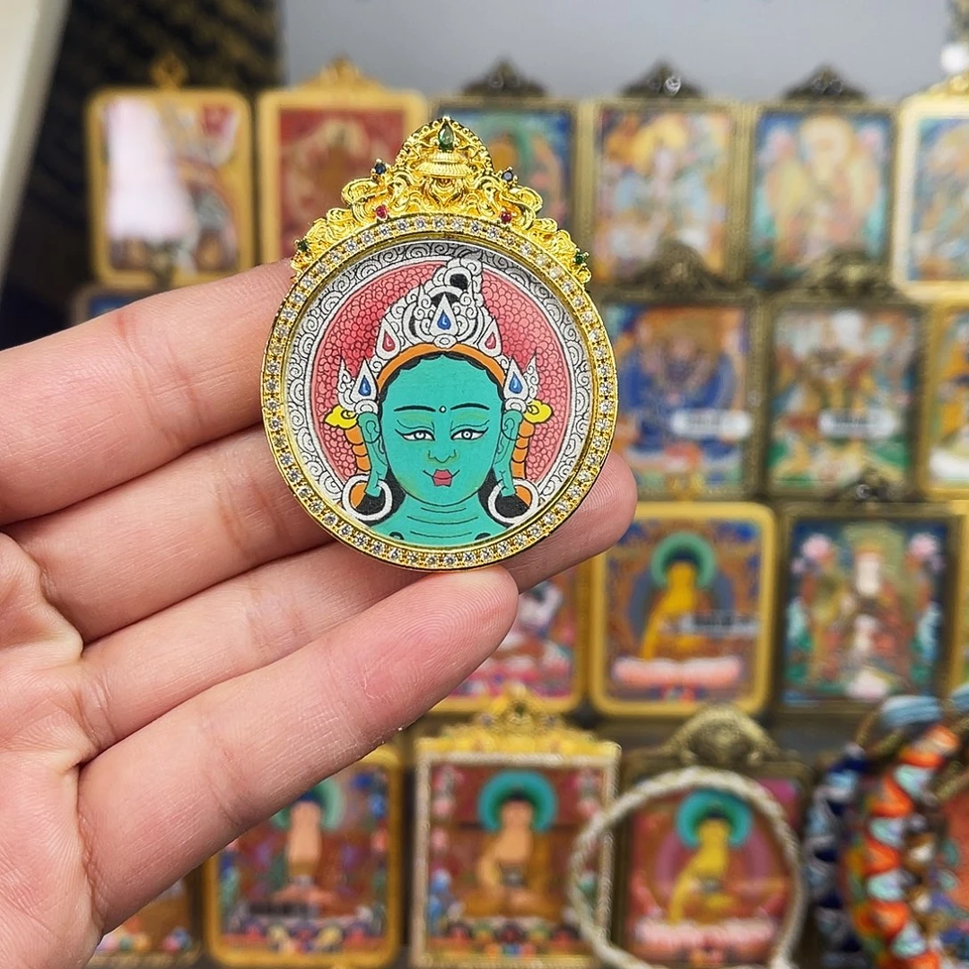 吊坠手绘热贡唐卡绿度母