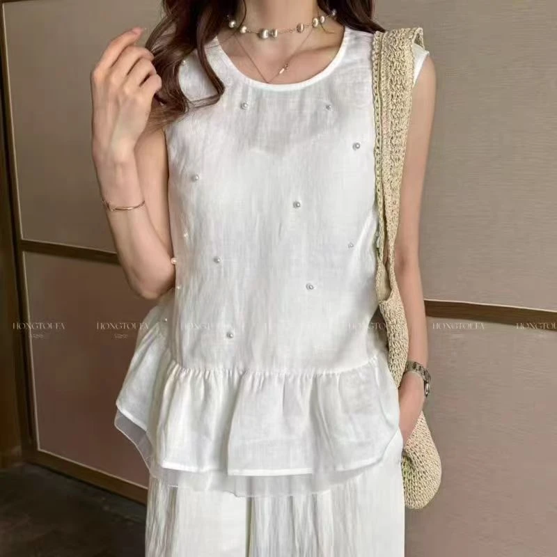 227#女宝宽松型洋气甜美白色少女风无袖重工钉珠背心