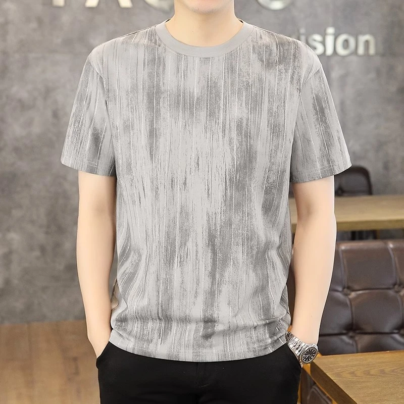 JJ男生短袖t恤夏季潮牌竖条纹喷墨设计感夏装半袖男装圆领宽松T恤