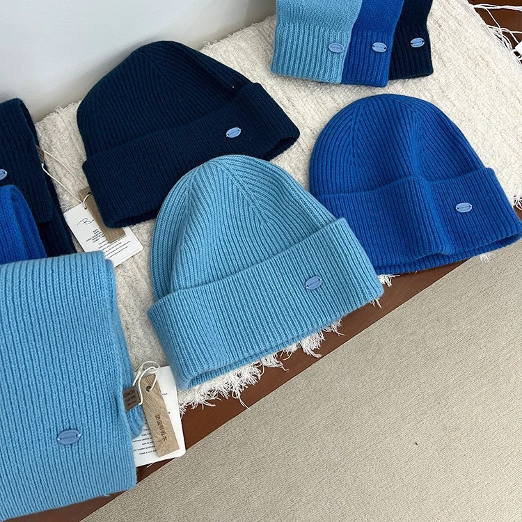 高品质%纯色羊毛翻边针织帽子女冬季新款百搭大头围保暖冷帽潮