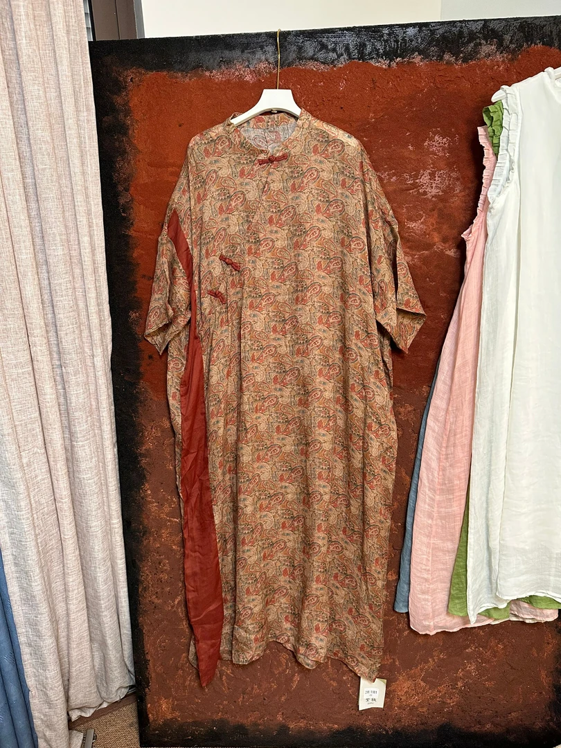 做旧植物花卉灯笼裙极简风连衣裙旗袍法式工装风胸围158衣长132