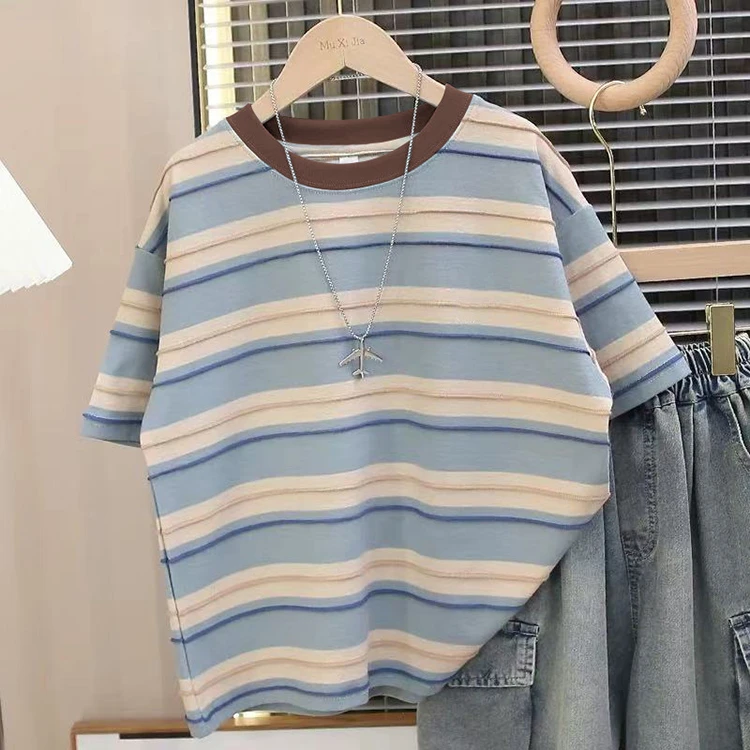 【100%纯棉】儿童T恤条纹短袖2025年夏季新款中大童男童夏款半袖潮T