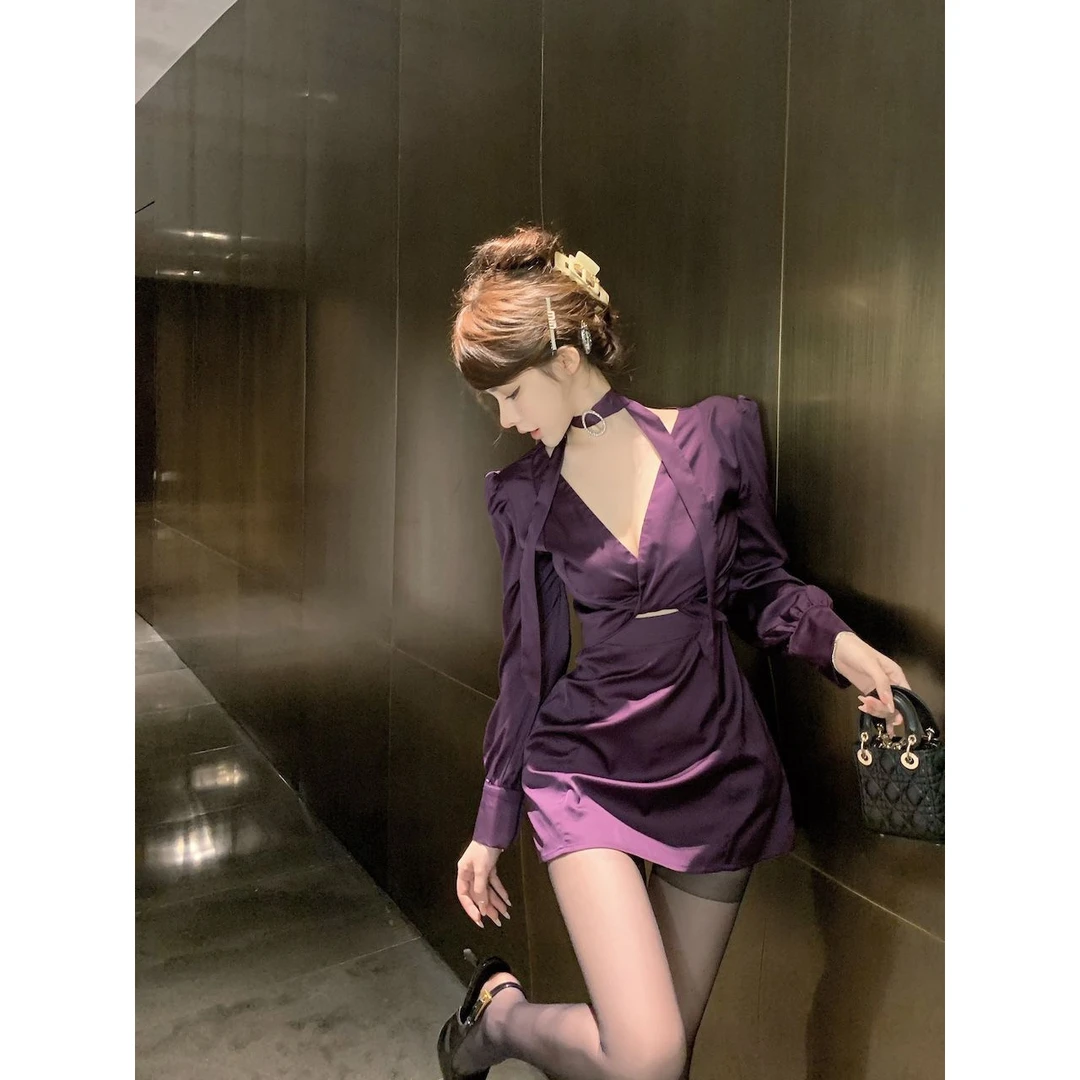 紫色镂空v领长袖衬衫连衣裙女春季御姐风裙子性感纯欲收腰a字短裙