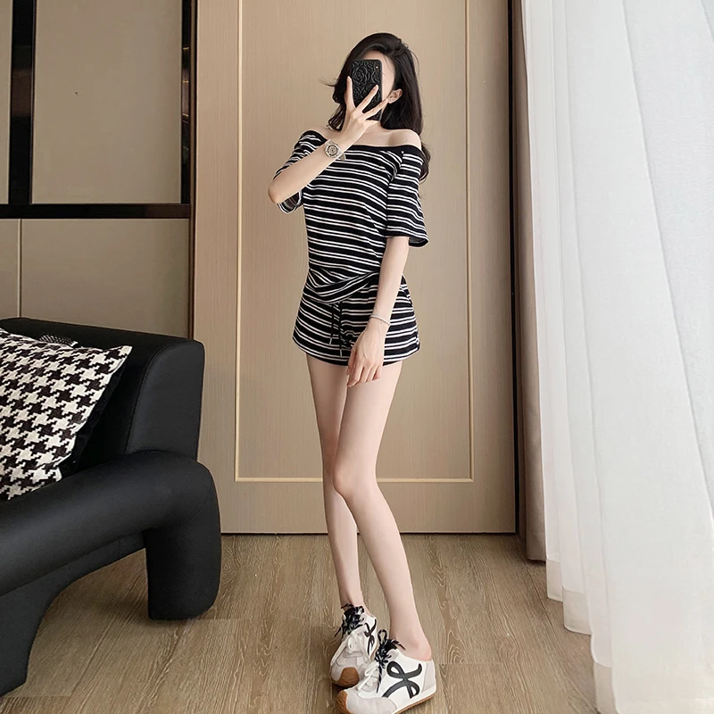 夏季慵懒风时尚套装休闲运动显瘦气质网红高腰阔腿宽松黑白韩版