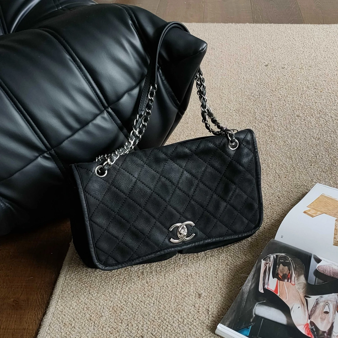 95新 Chanel/香奈儿 Azul - 黑银麂皮双口袋机场包38953