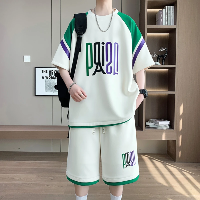 夏季拼接青少年短袖休闲运动套装薄款假两件运动服帅气宽松