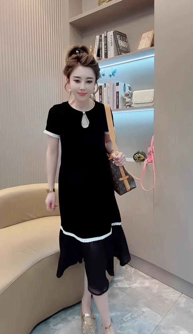 欧货时尚金丝绒珍珠钉珠收腰连衣裙女2025夏复古拼接气质显瘦长裙