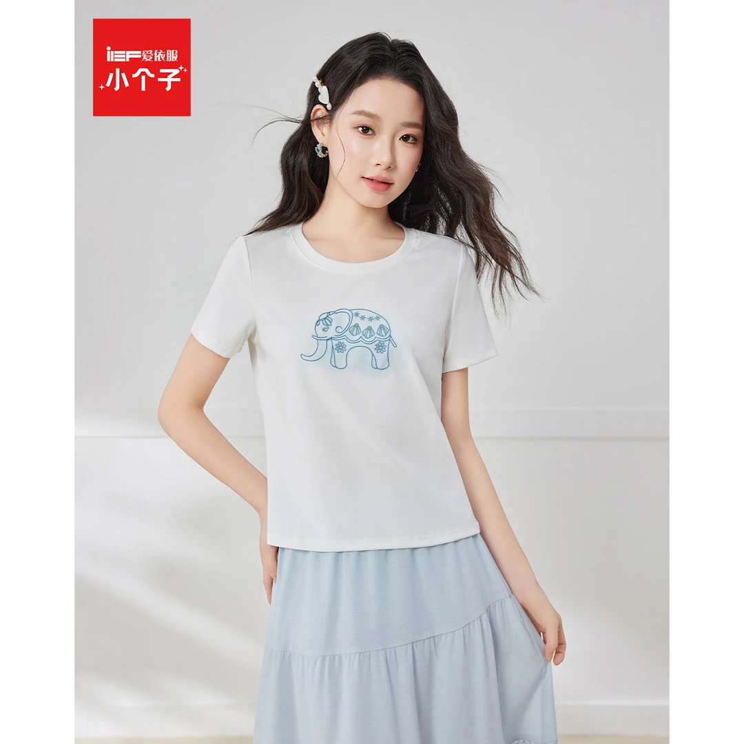 IEF/爱依服上衣2025夏季新款韩版时尚甜美少女小众小象印花T恤