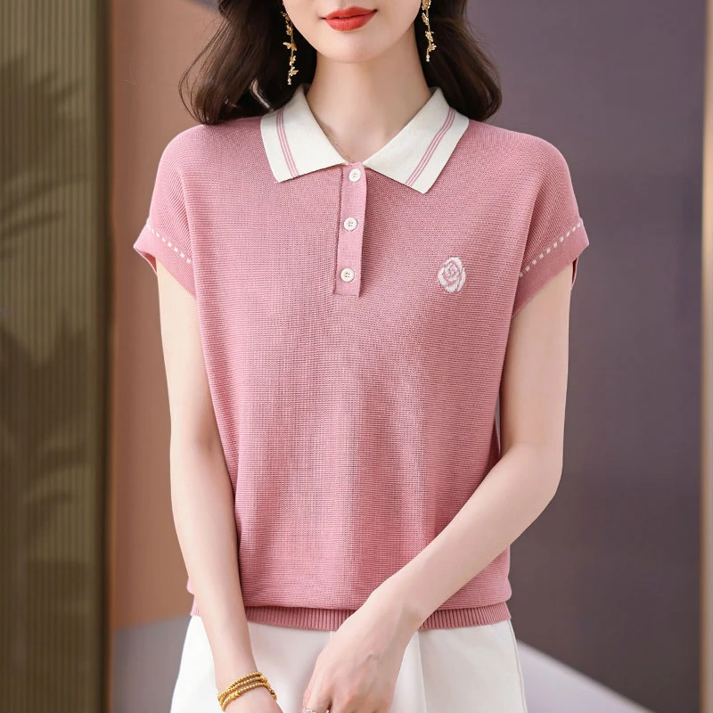 娃娃领天丝短袖T恤女蝙蝠袖洋气上衣2025夏季新款宽松显瘦针织衫