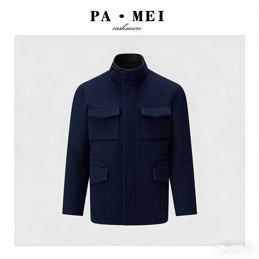 【小山羊绒系列】男士100%纯山羊绒秋冬立领加厚工装风羊绒猎装大衣