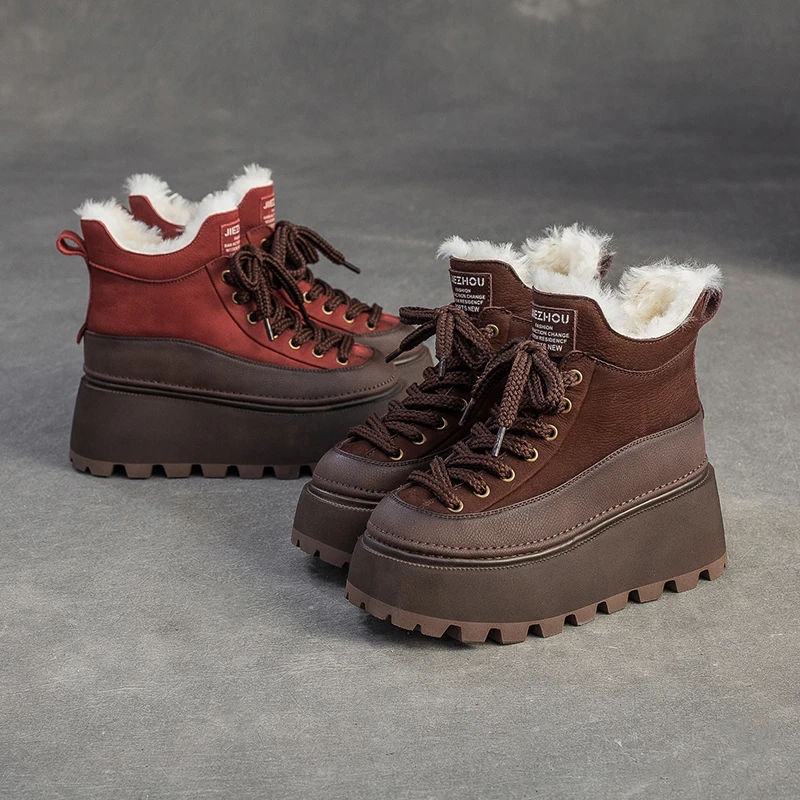 松糕厚底高帮棉鞋女羊毛保暖2025新款冬季增高雪地靴真皮时尚显高