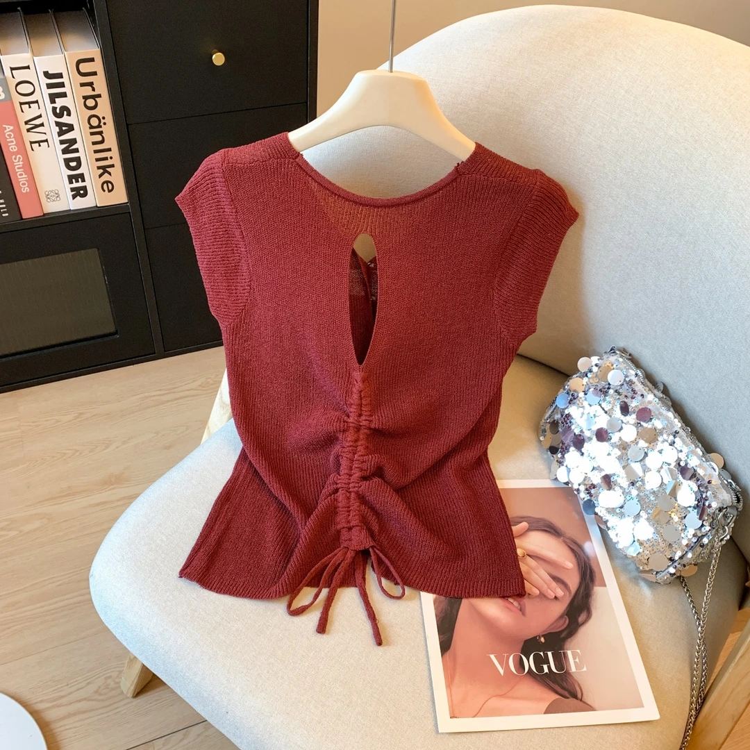 露背抽绳冰丝韩版显瘦高腰短款V领珍珠扣钉珠设计感针织衫