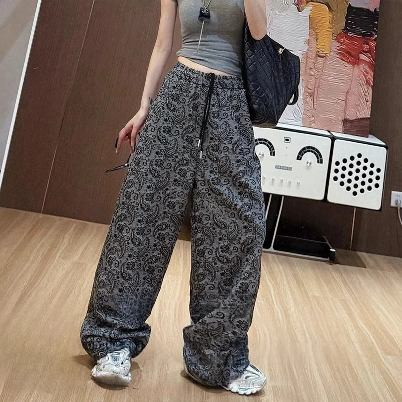 洋气百搭复古提花大码春夏季高腰宽松显瘦常规加长款灰色直筒女式