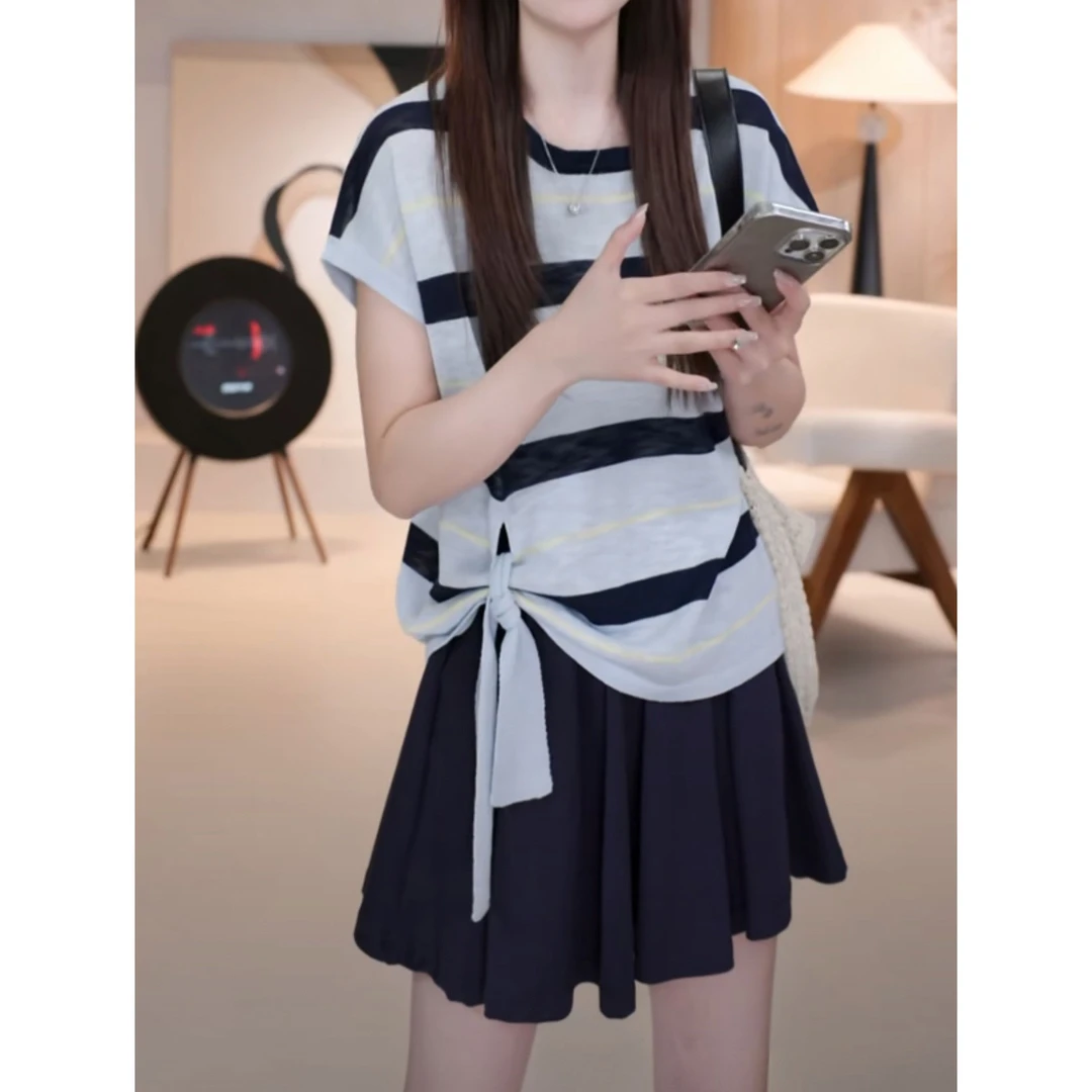 休闲小众宽松慵懒风撞色条纹针织衫阔腿短裤休闲套装洋气衣服女