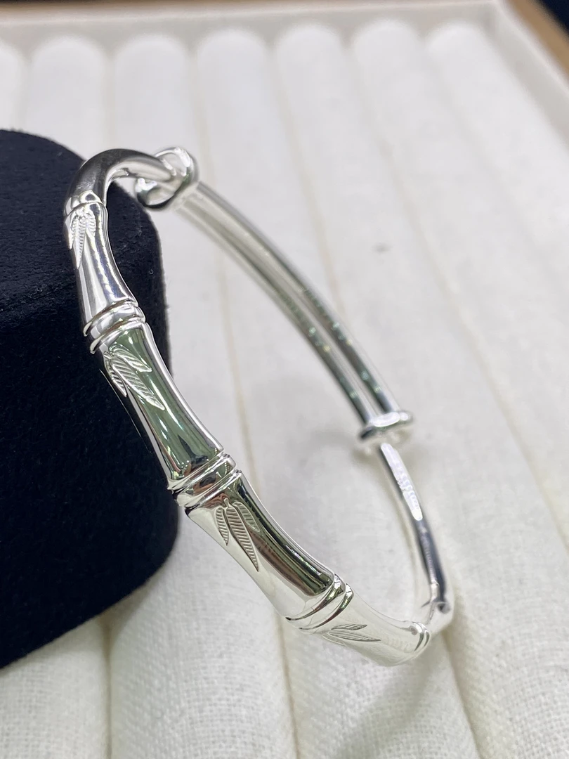 足银手镯 足银手镯可调节镯子999足银竹节竹叶推拉手镯足银饰品