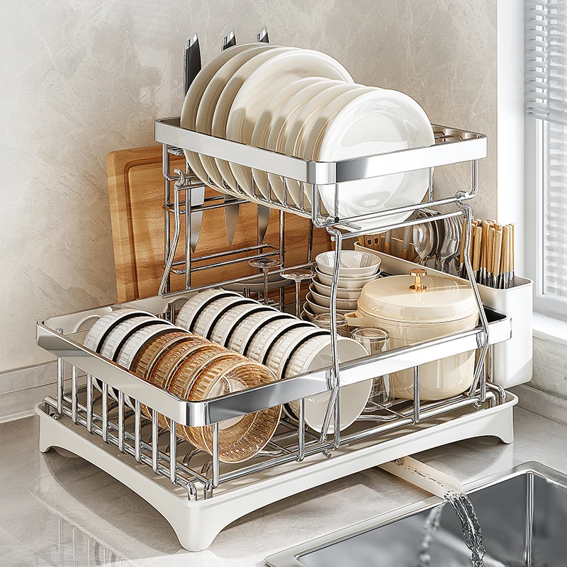 帅仕304不锈钢碗碟收纳架厨房置物架台面放碗筷盘子双层沥水碗架