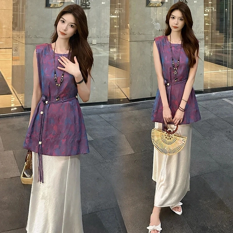 2025夏季新款新中式连衣裙套装女洋气提花马甲背心半身裙套装潮流