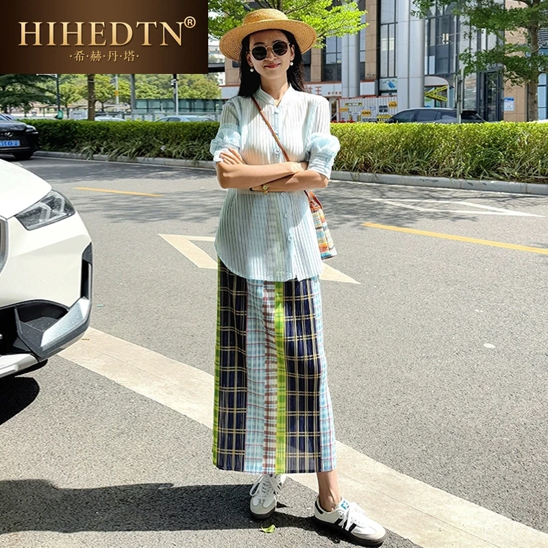 后开叉设计压褶~2025夏季新款格子半身裙女休闲直筒裙