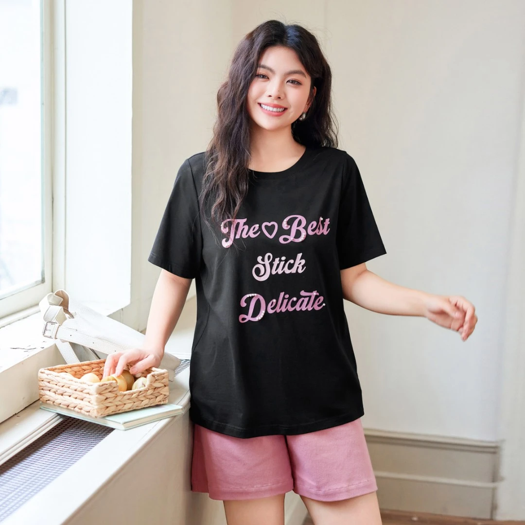 【舒适天丝棉印花短袖】MsShe大码女装夏装休闲钉珠字T恤K2504043