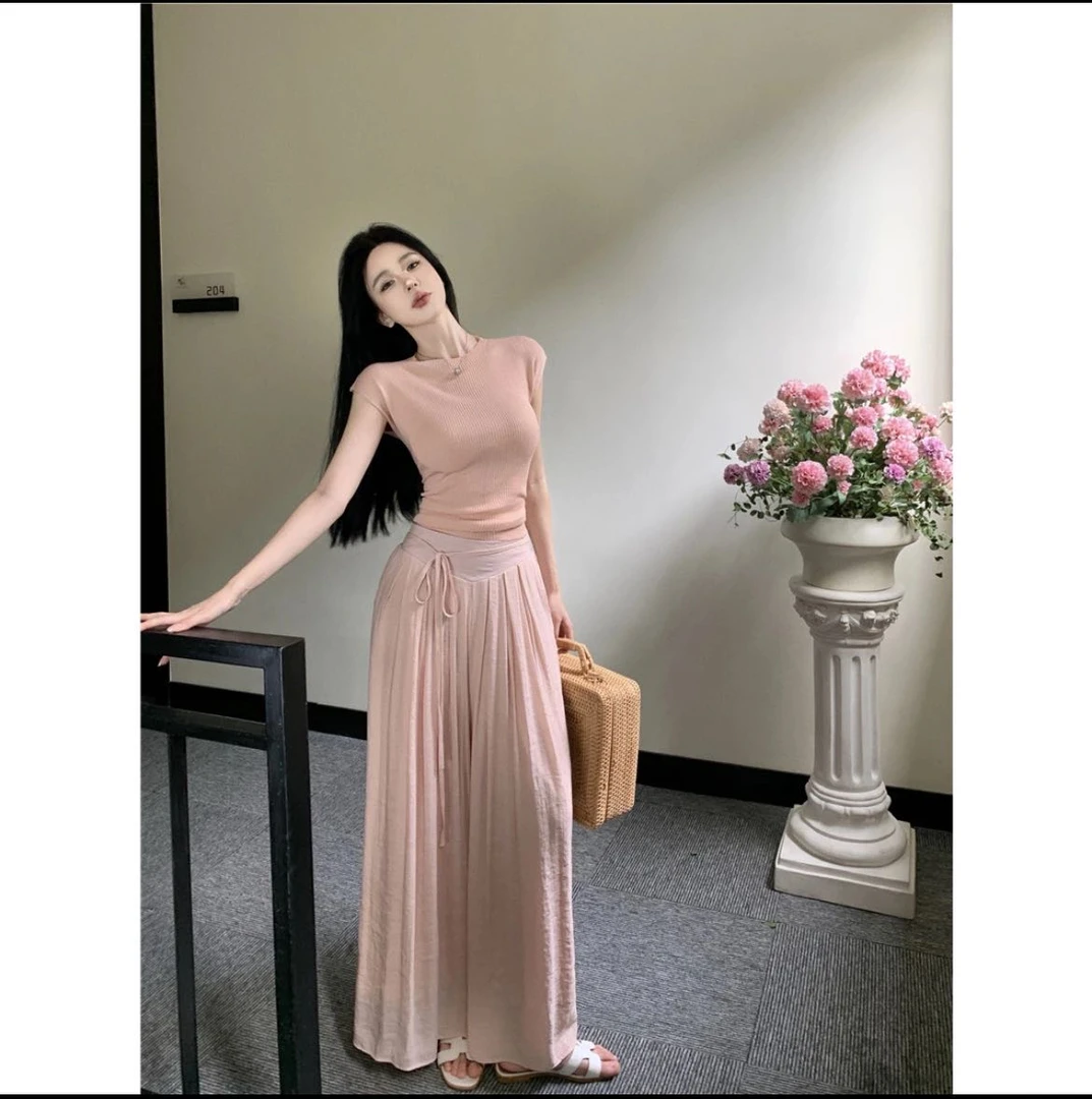 夏季小众小个子显瘦百搭时尚气质温柔垂感短袖上衣阔腿裤6878#0.1