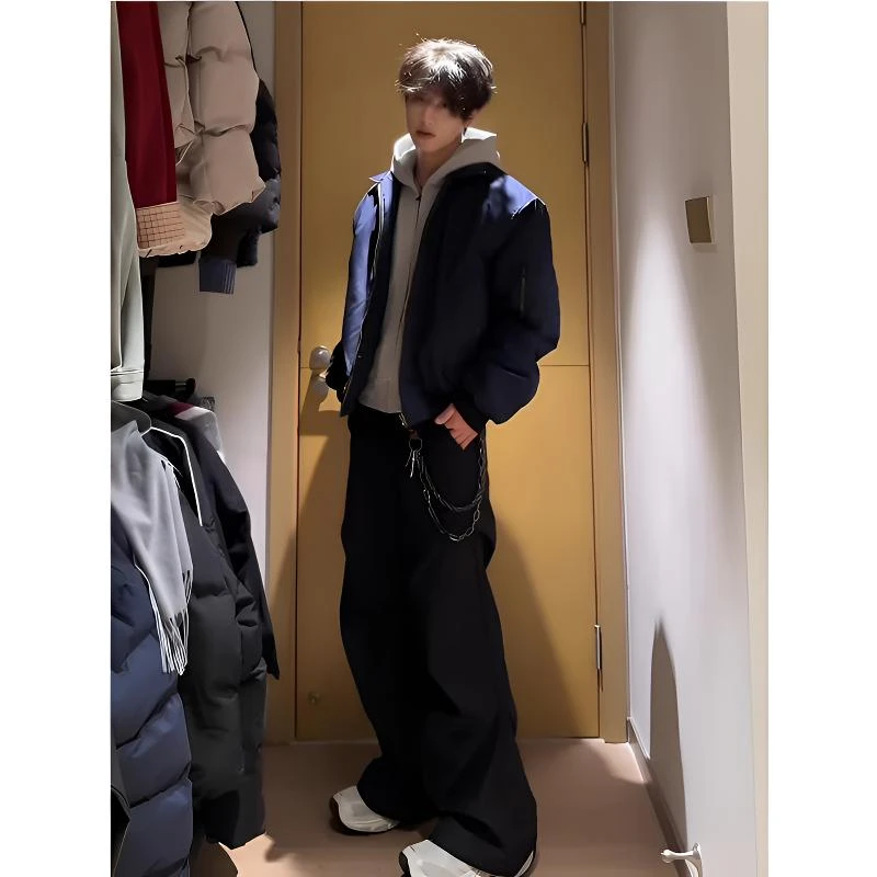 纯黑色褶皱西裤男款秋季cleanfit直筒宽松休闲裤子美式高街西装裤