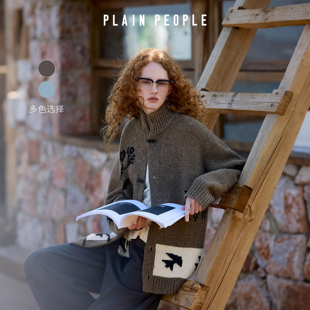 PLAIN PEOPLE复古绵羊毛剪影花高领毛针织开衫外套女灰色2025秋季