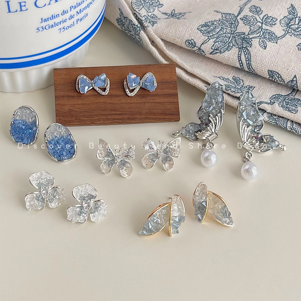 合金耳饰 少女风蓝色超仙女通用女耳钉透明边夹耳饰素款冷淡风