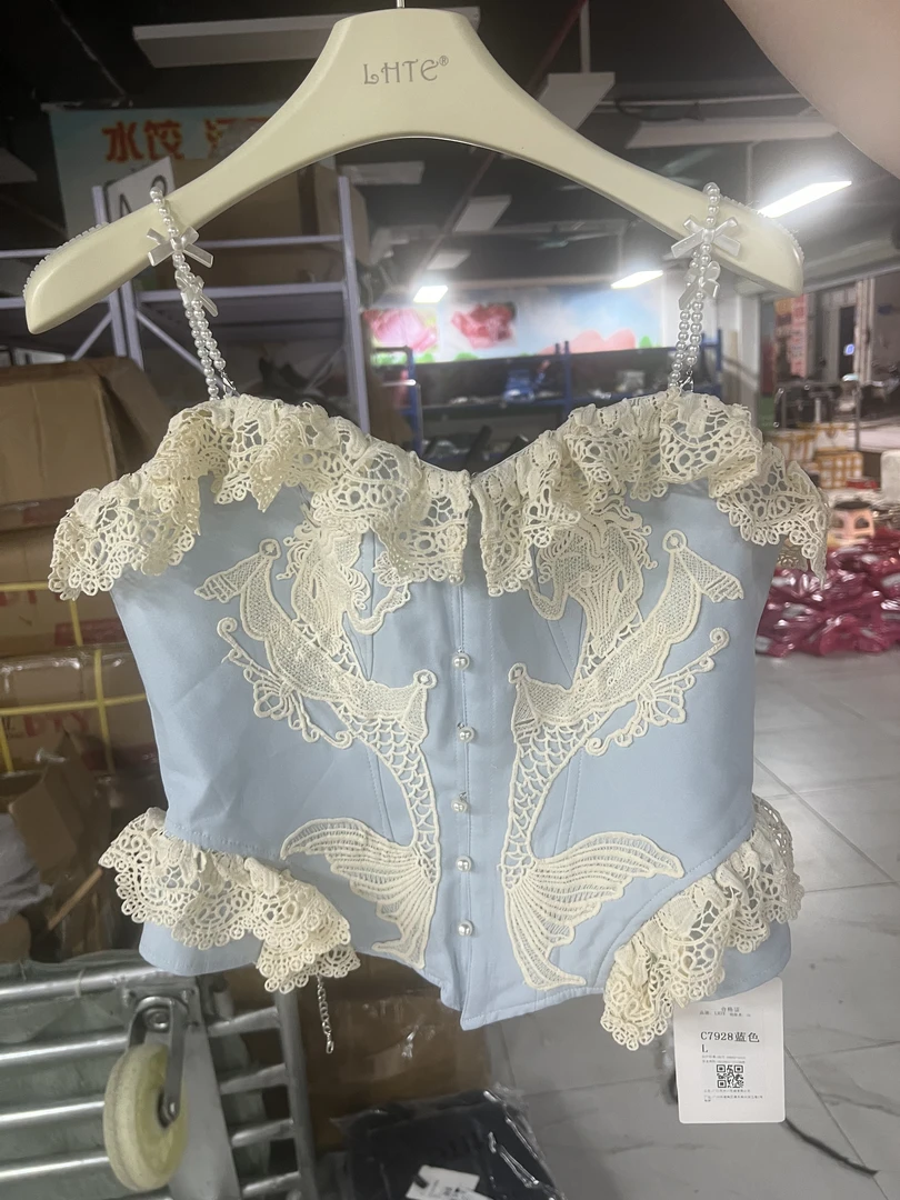 LHTE青青大码女装 美人鱼绣法设计感法式宫廷风吊带抹胸C7928蓝色