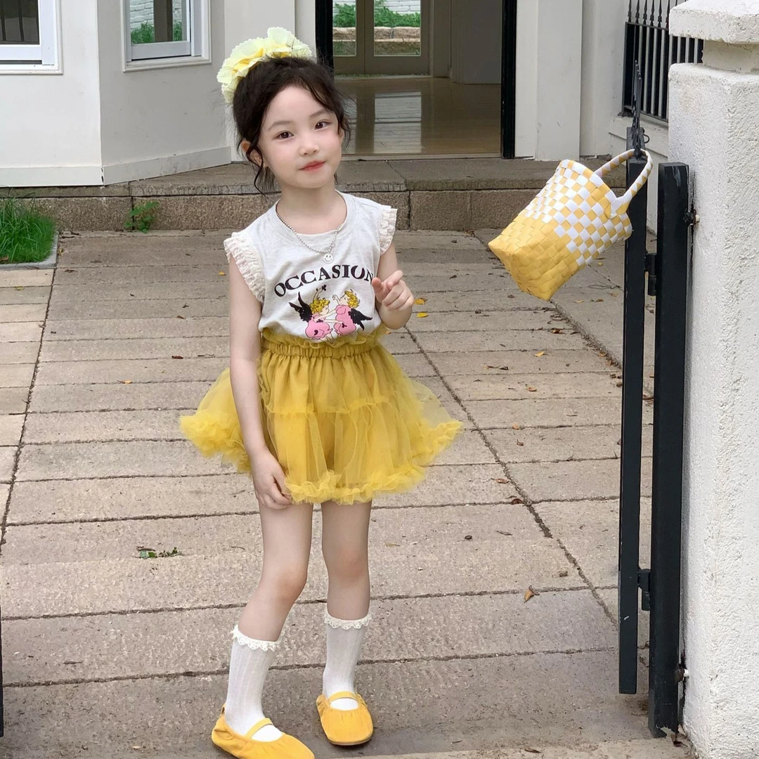 女童卡通蕾丝花边背心夏装新款女宝宝甜美网纱蓬蓬裙套装