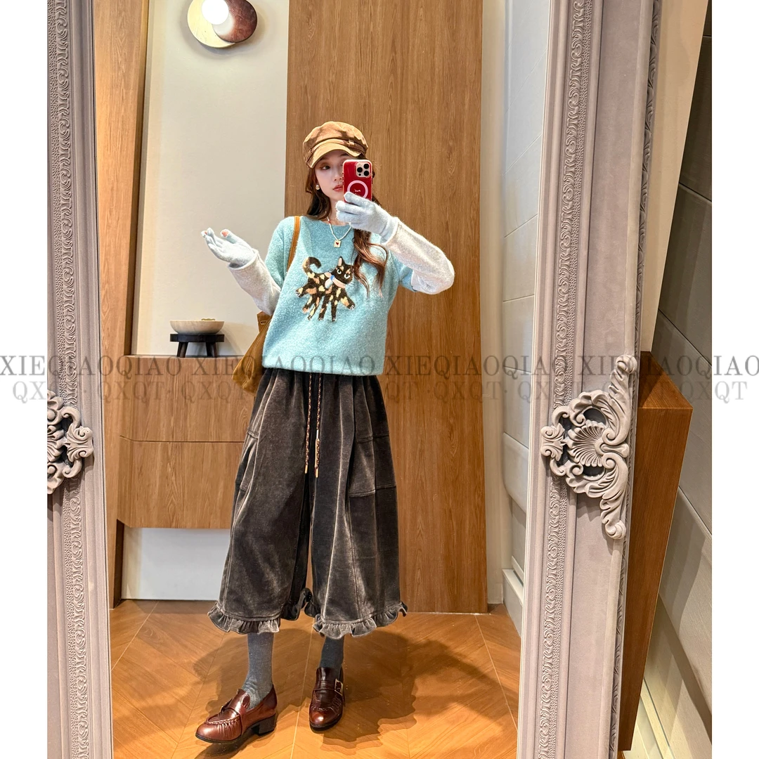 谢荞荞「六爪喵喵」羊毛秋冬款刺绣提花猫咪假两件圆领针织套头毛衣