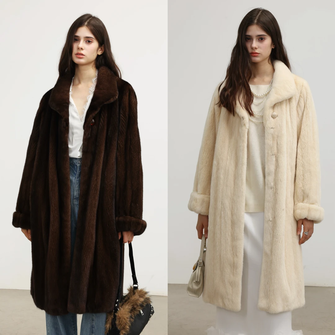 “复古基础系列”紫标水貂翻领全抽刀长款貂皮大衣正品女时尚皮草