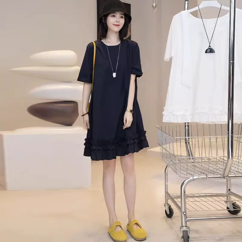 时尚连衣裙女2025夏季新款宽松显瘦遮肉洋气木耳边中长款休闲裙子