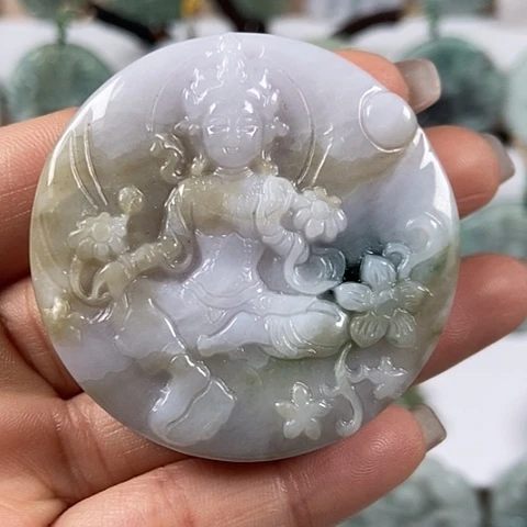 翡翠颈饰未镶嵌山水观音两面工福利洒黄翡翠福利