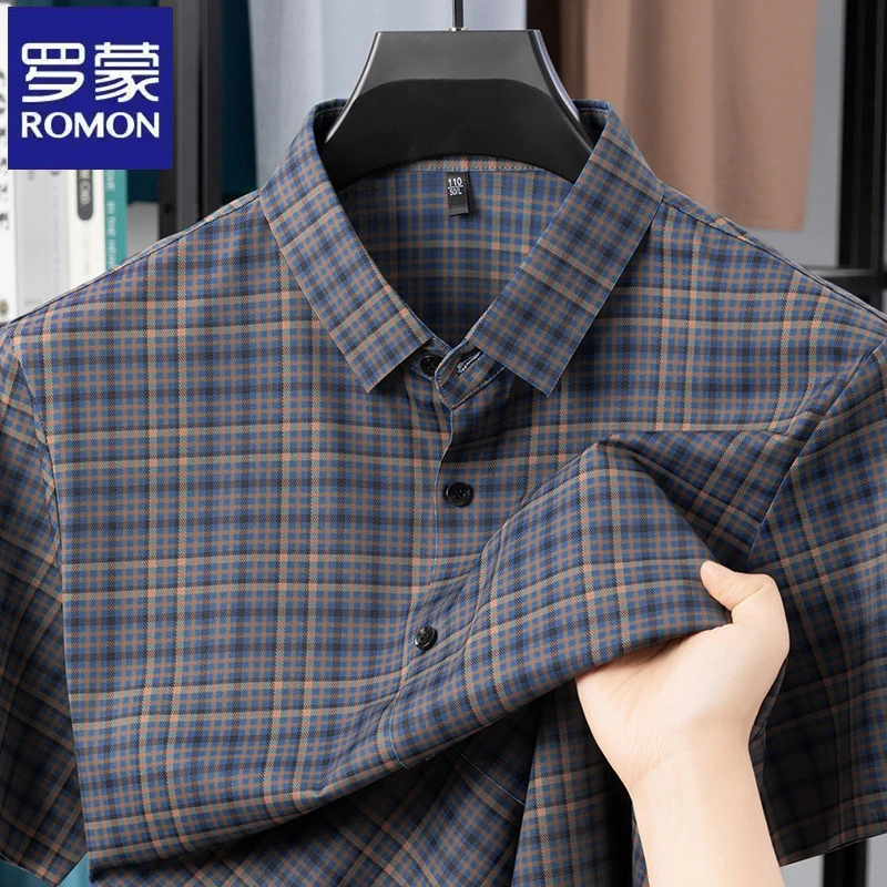 罗蒙中年商务格子印花短袖衬衫夏季男士休闲薄款爸爸装潮流衬衣男
