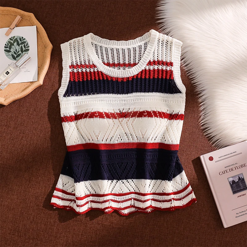 条纹镂空针织吊带背心女外穿宽松设计感小众时尚洋气打底无袖上衣
