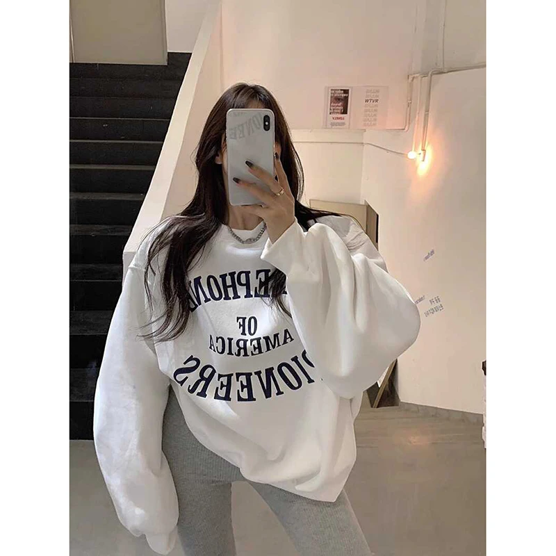 300斤胖mm圆领无帽卫衣女2025新款春秋美式宽松字母印花休闲上衣