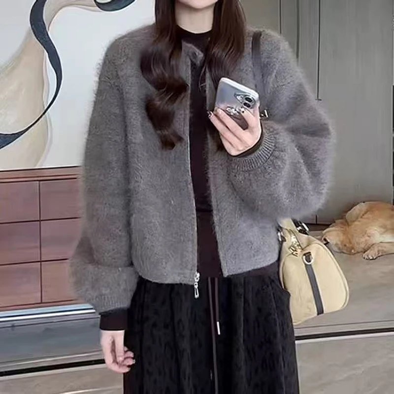 大码女装毛绒感一粒扣拉链毛衣外套秋季新款胖mm宽松显瘦针织上衣