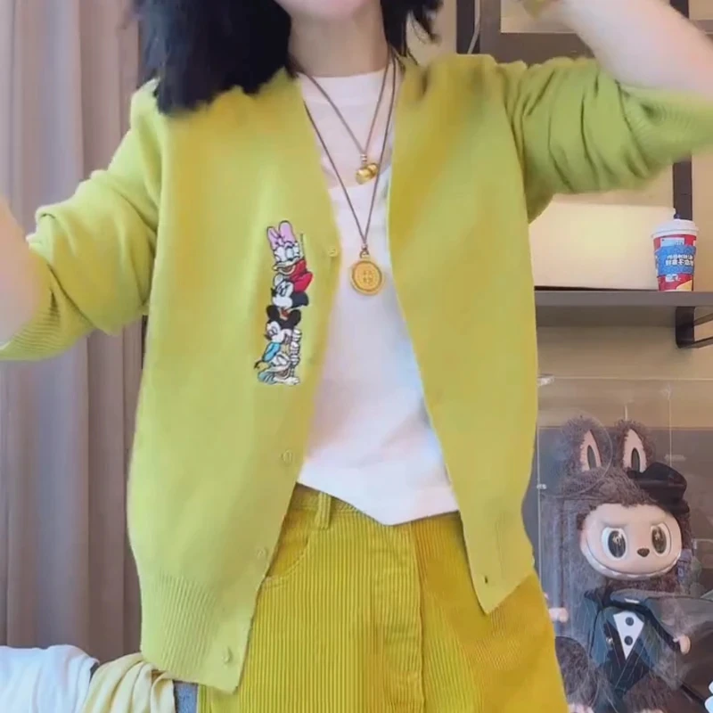 2025春秋季新款纯色百搭宽松显瘦毛针织衫刺绣米奇派对开衫外套女