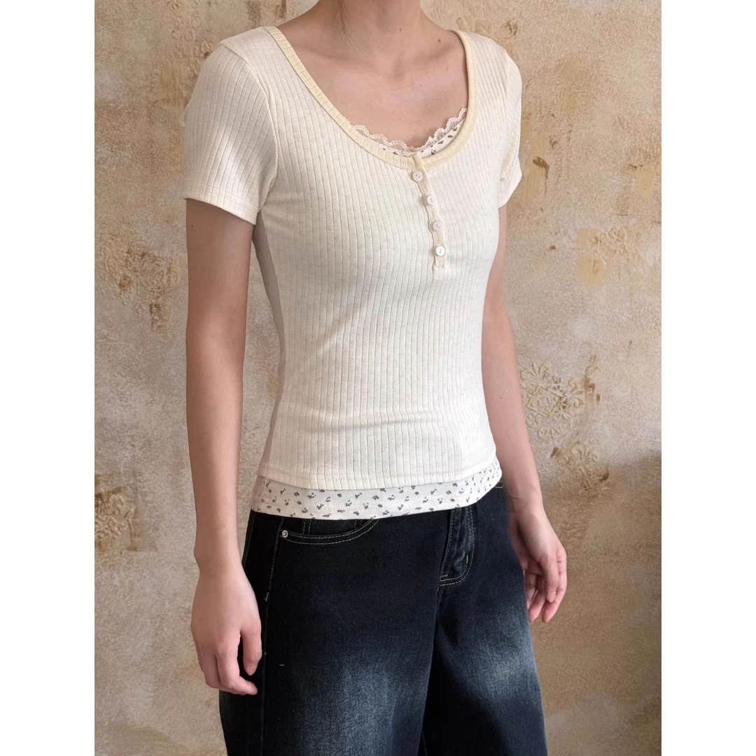 VintageTang杏色甜辣妹碎花假两件蕾丝边短袖T恤小众吉呐K