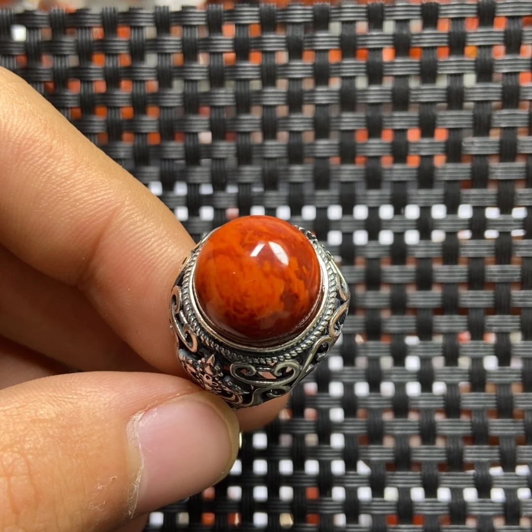 南红玛瑙戒指银S925镶嵌