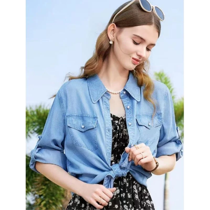 100莱赛尔纤维~夏季薄款柔软垂感七分袖纯色衬衣女9990B1